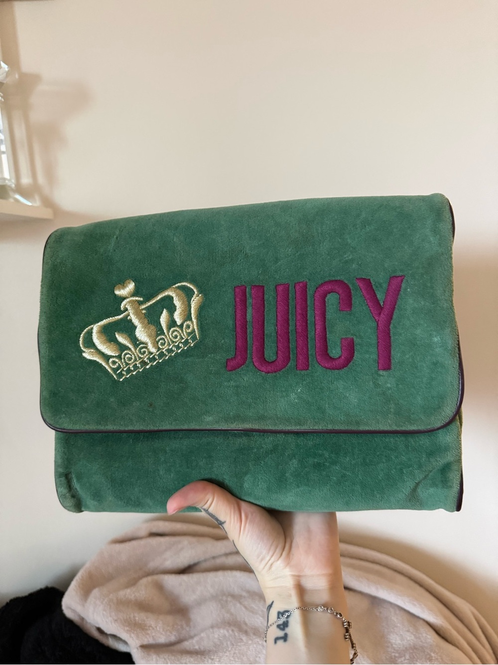 Juicy Couture Green Suede makeup bag with Purple Logo and Gold Crown